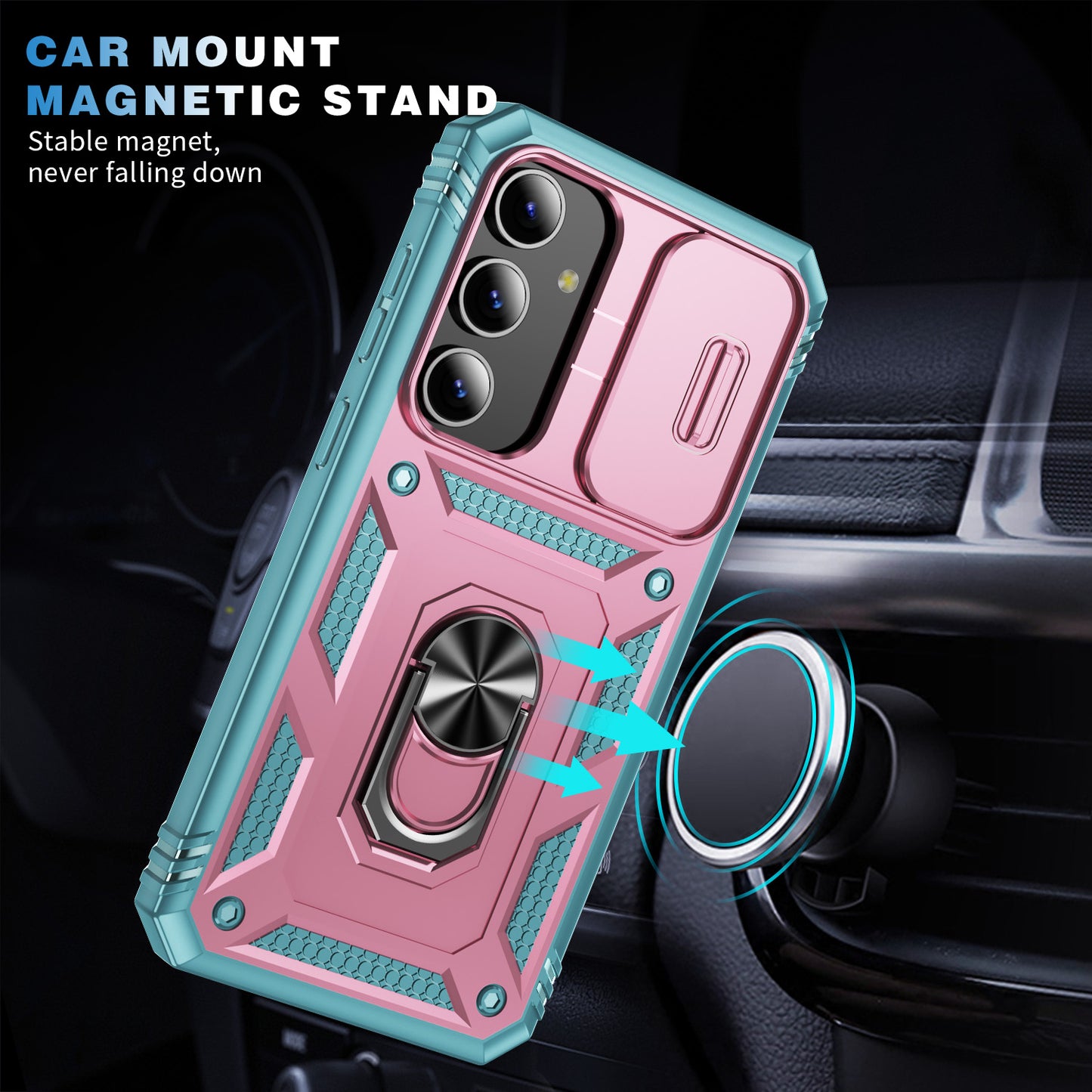 Slide Window Design for Samsung Galaxy S24+ Phone Case TPU+PC Protective Cover - Pink+Grey Green