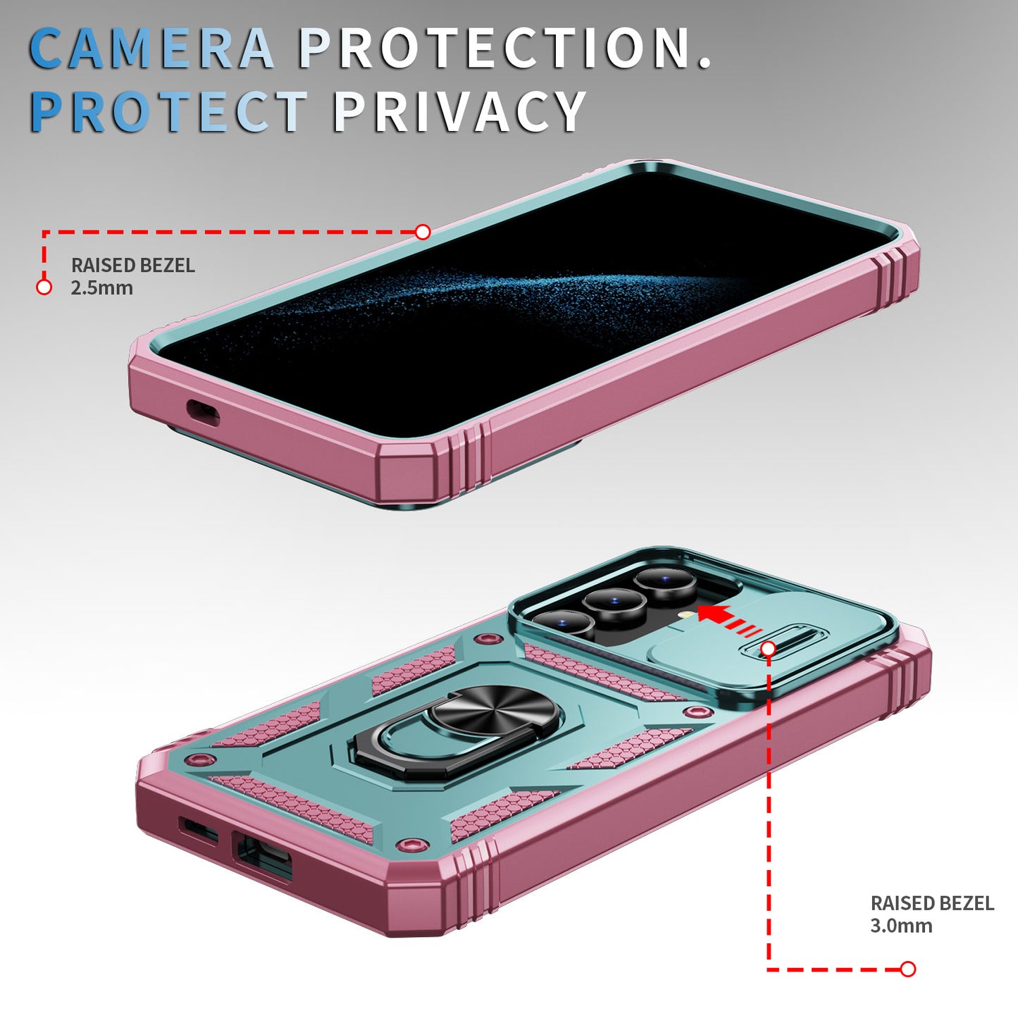 Slide Window Design for Samsung Galaxy S24+ Phone Case TPU+PC Protective Cover - Grey Green+Pink