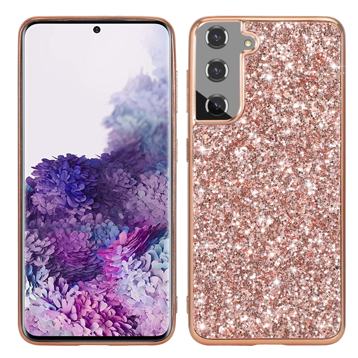 For Samsung Galaxy S24+ Case Glittering Sequins TPU Frame + PC Back Phone Cover - Rose Gold