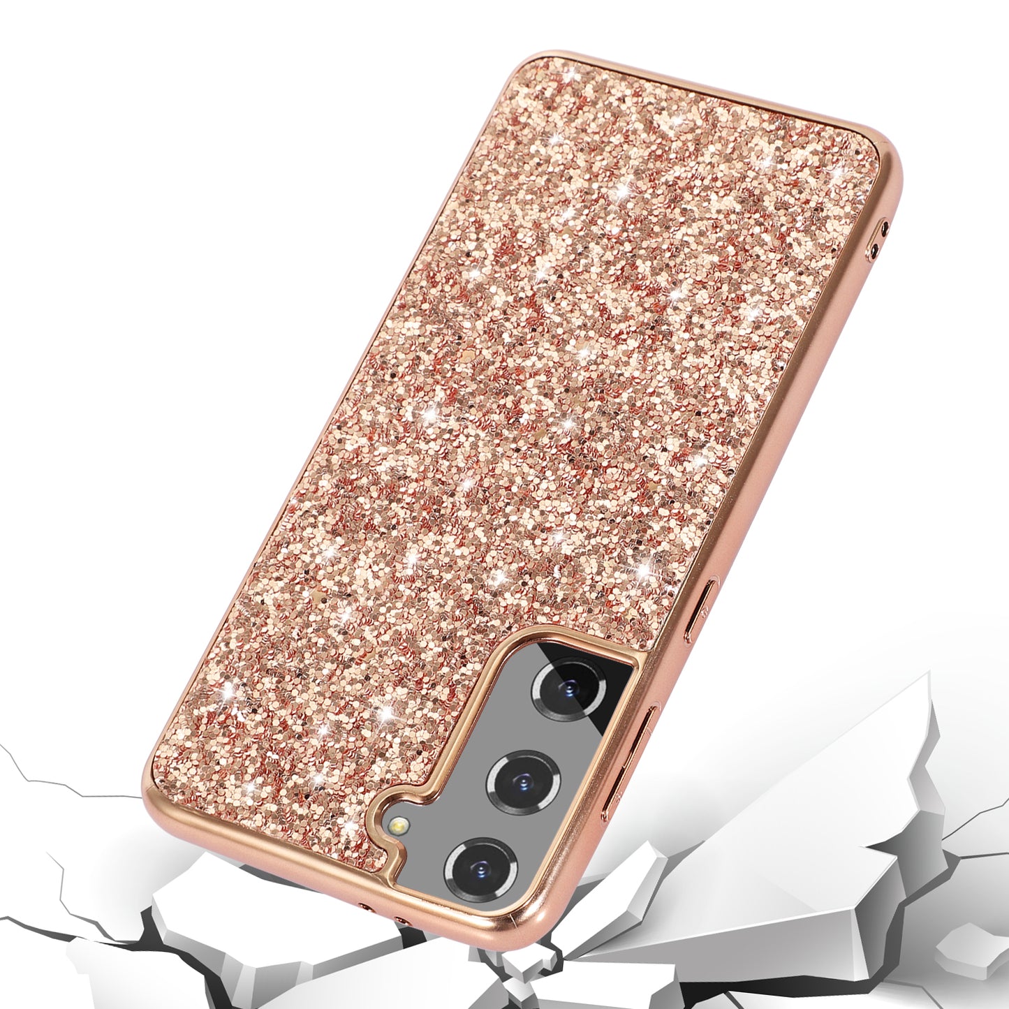 For Samsung Galaxy S24+ Case Glittering Sequins TPU Frame + PC Back Phone Cover - Rose Gold