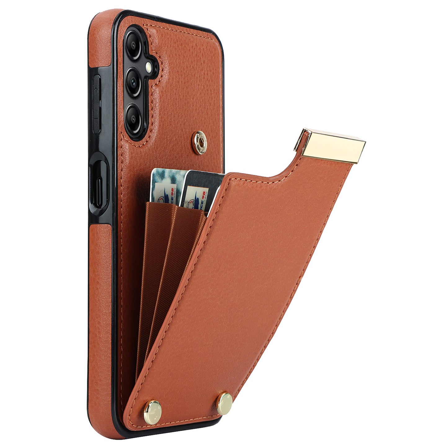 For Samsung Galaxy S24 Case TPU+PU Leather+Metal Hardware Phone Cover with Card Holder - Brown