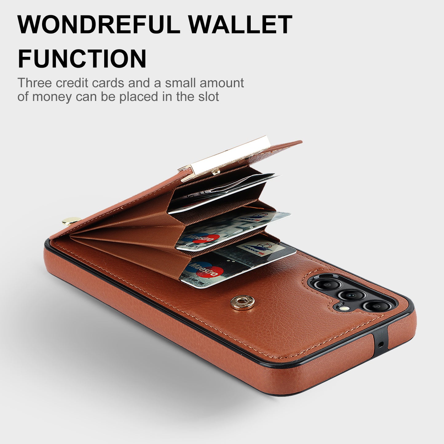 For Samsung Galaxy S24 Case TPU+PU Leather+Metal Hardware Phone Cover with Card Holder - Brown