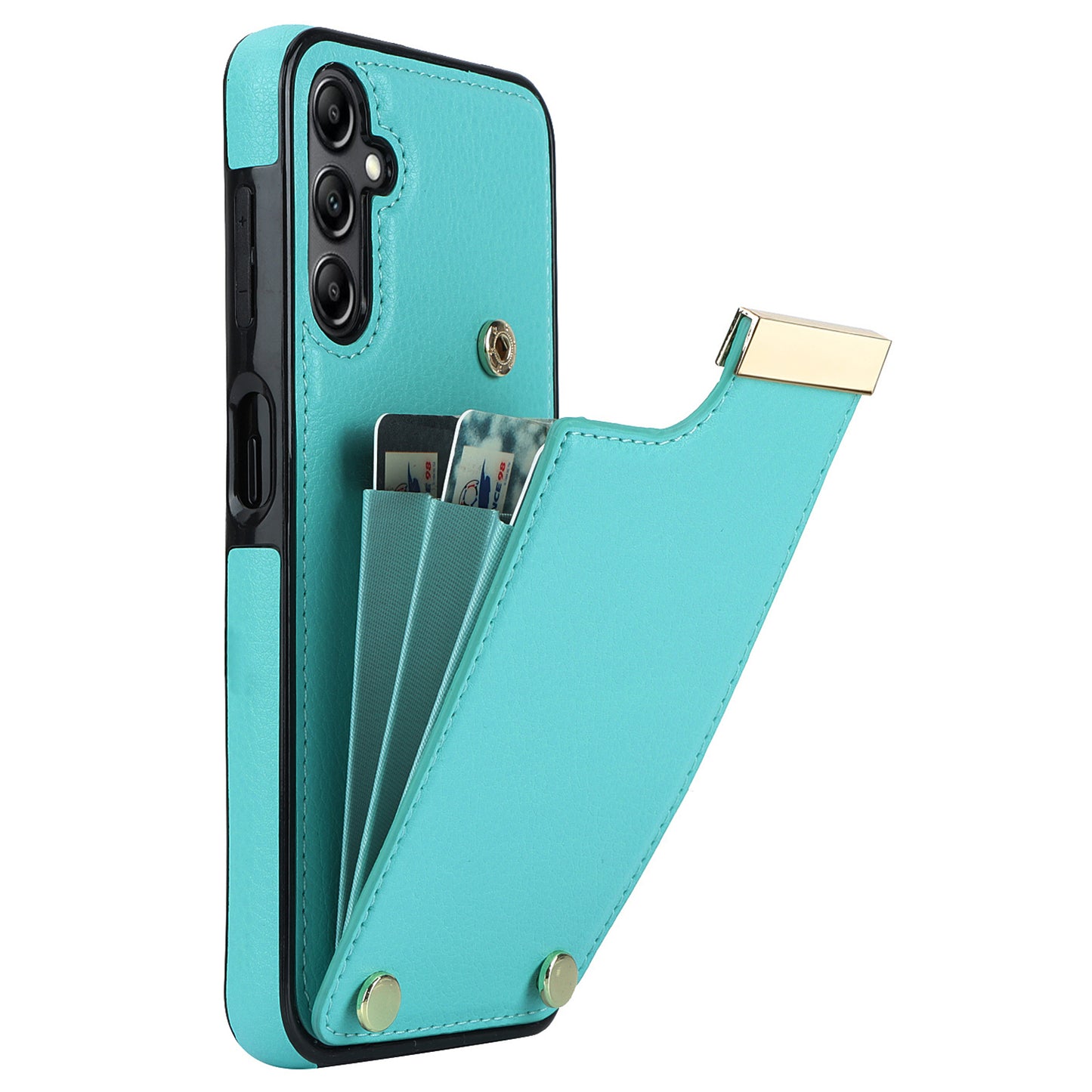 For Samsung Galaxy S24 Case TPU+PU Leather+Metal Hardware Phone Cover with Card Holder - Mint Green
