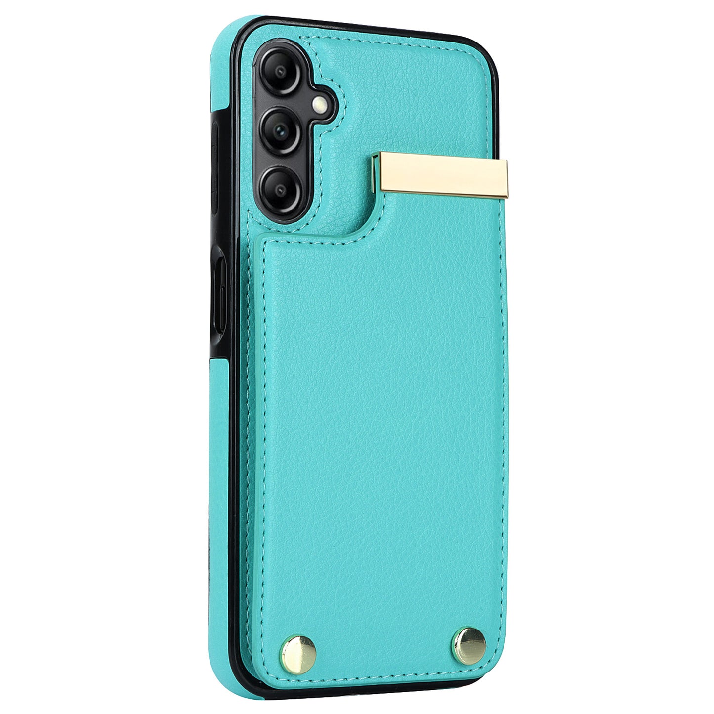 For Samsung Galaxy S24 Case TPU+PU Leather+Metal Hardware Phone Cover with Card Holder - Mint Green