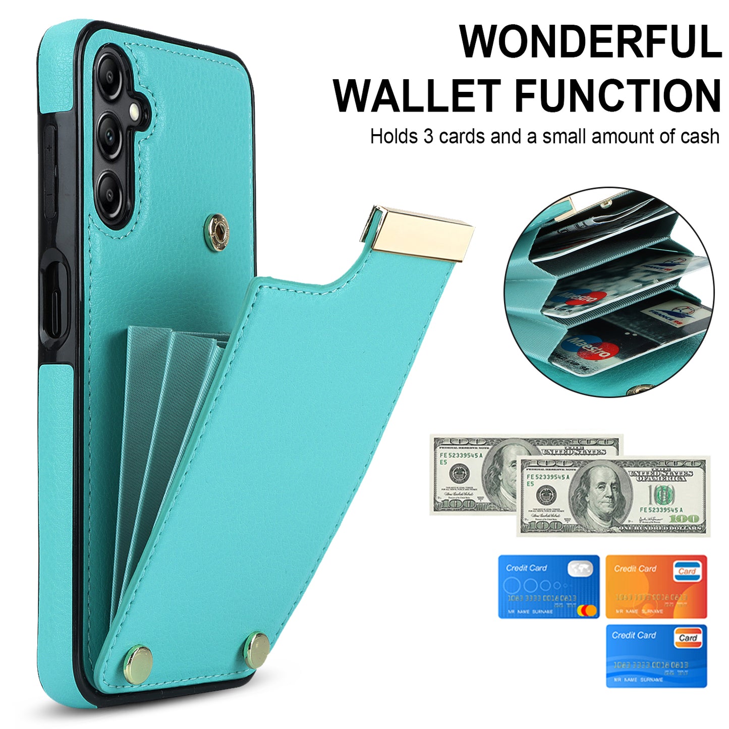 For Samsung Galaxy S24 Case TPU+PU Leather+Metal Hardware Phone Cover with Card Holder - Mint Green