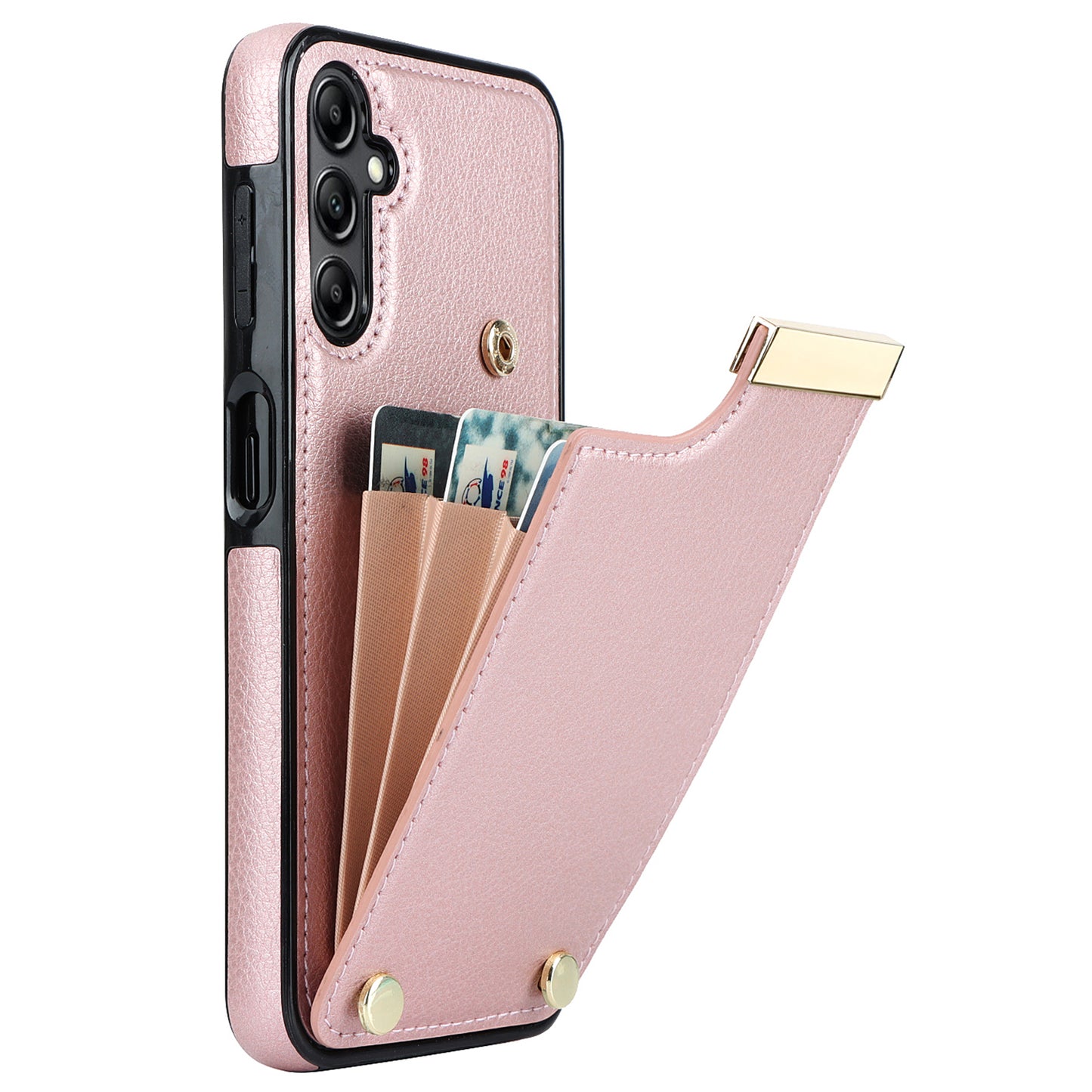 For Samsung Galaxy S24+ Cover Metal Decor TPU+PU Leather Card Holder Anti-drop Cell Phone Case - Rose Gold