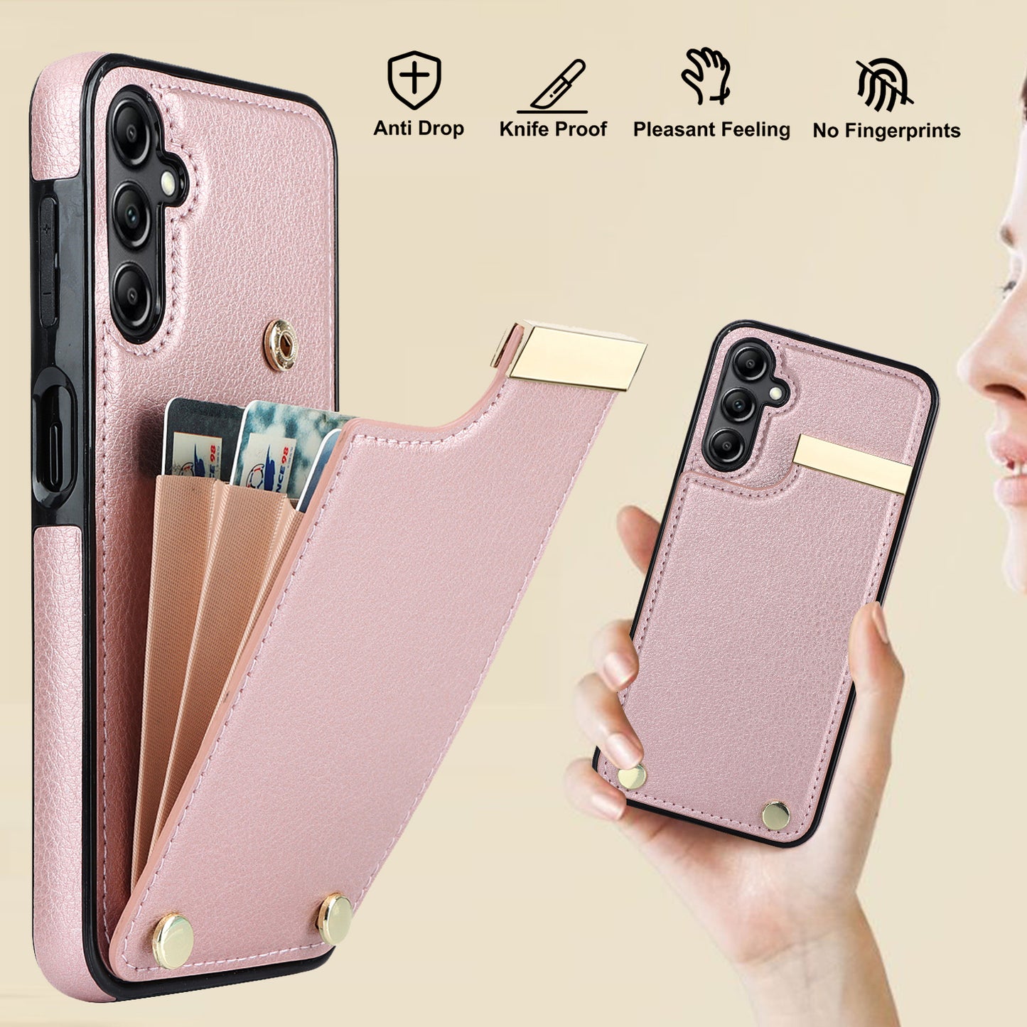 For Samsung Galaxy S24+ Cover Metal Decor TPU+PU Leather Card Holder Anti-drop Cell Phone Case - Rose Gold