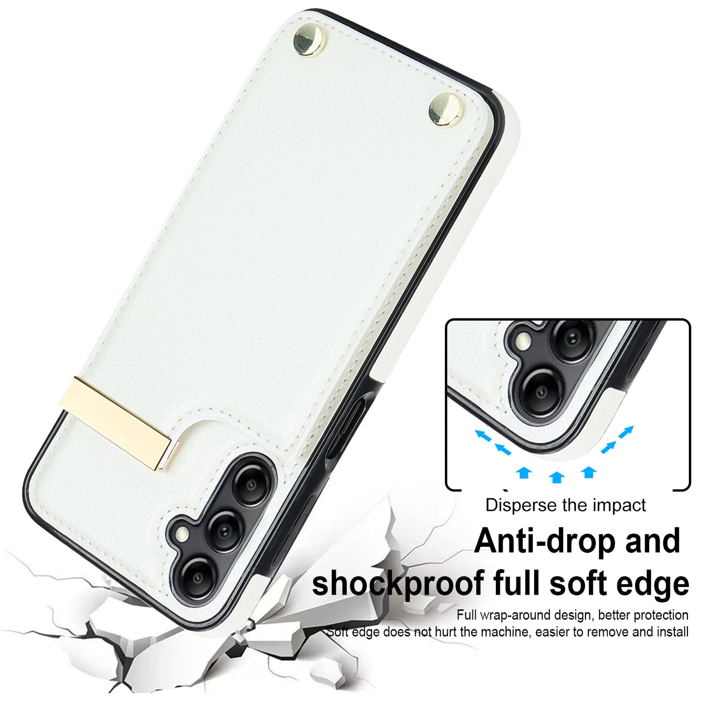 For Samsung Galaxy S24+ Cover Metal Decor TPU+PU Leather Card Holder Anti-drop Cell Phone Case - White