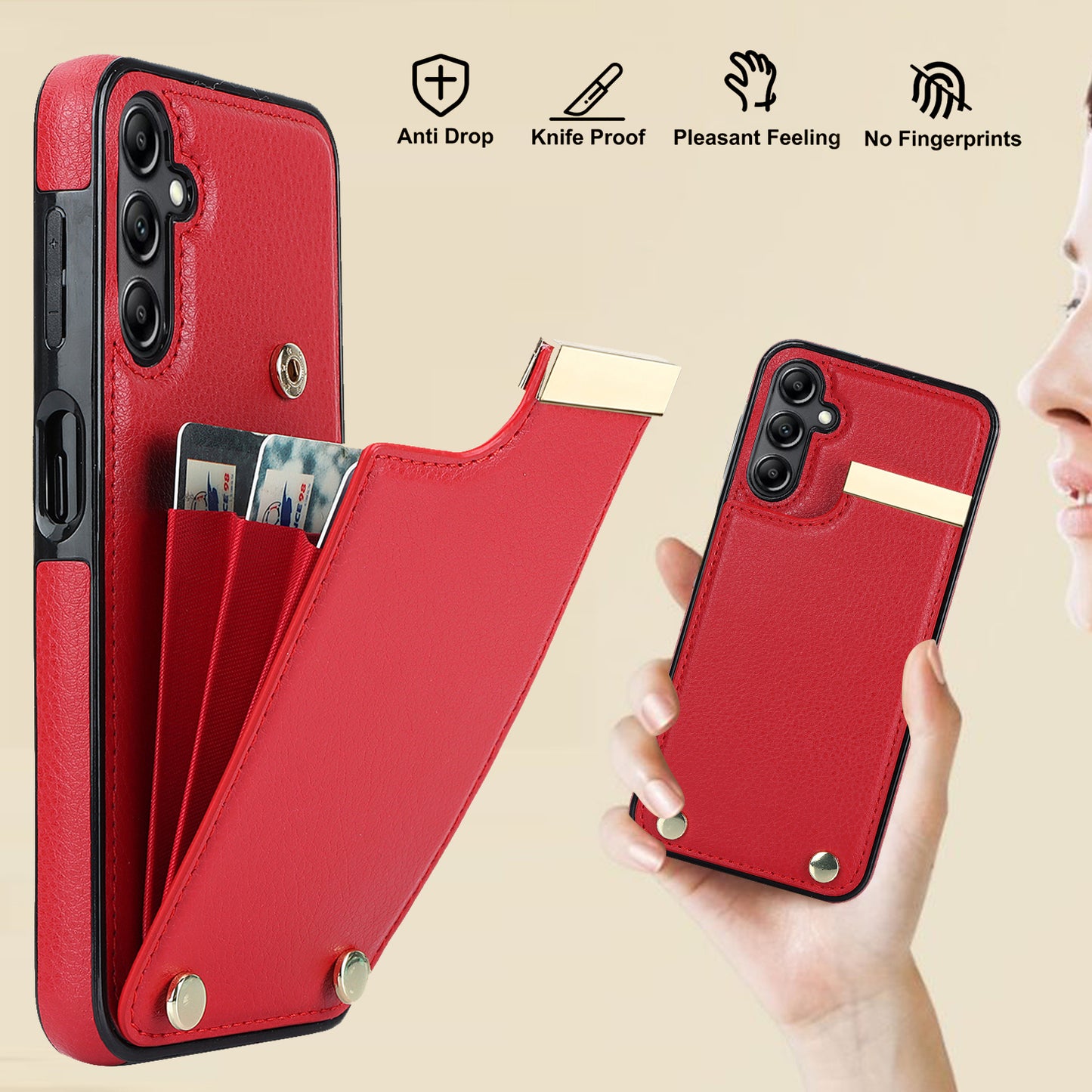 For Samsung Galaxy S24+ Cover Metal Decor TPU+PU Leather Card Holder Anti-drop Cell Phone Case - Red