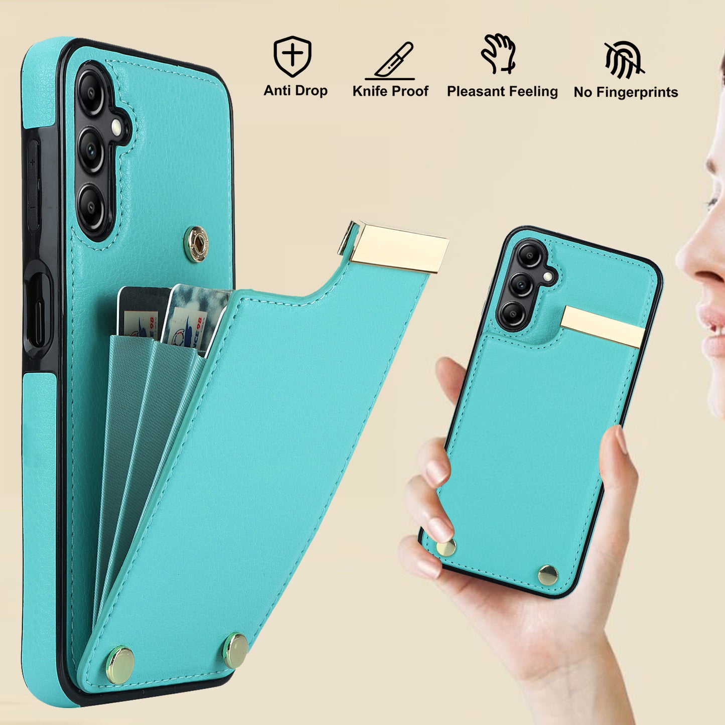 For Samsung Galaxy S24+ Cover Metal Decor TPU+PU Leather Card Holder Anti-drop Cell Phone Case - Mint Green