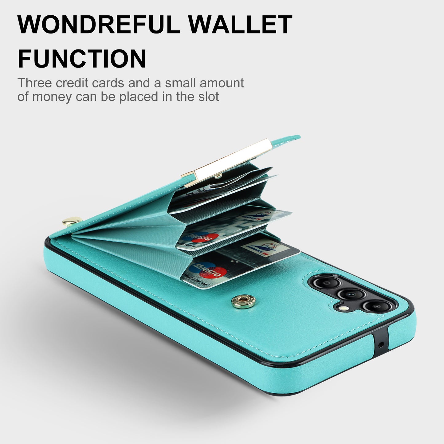 For Samsung Galaxy S24+ Cover Metal Decor TPU+PU Leather Card Holder Anti-drop Cell Phone Case - Mint Green