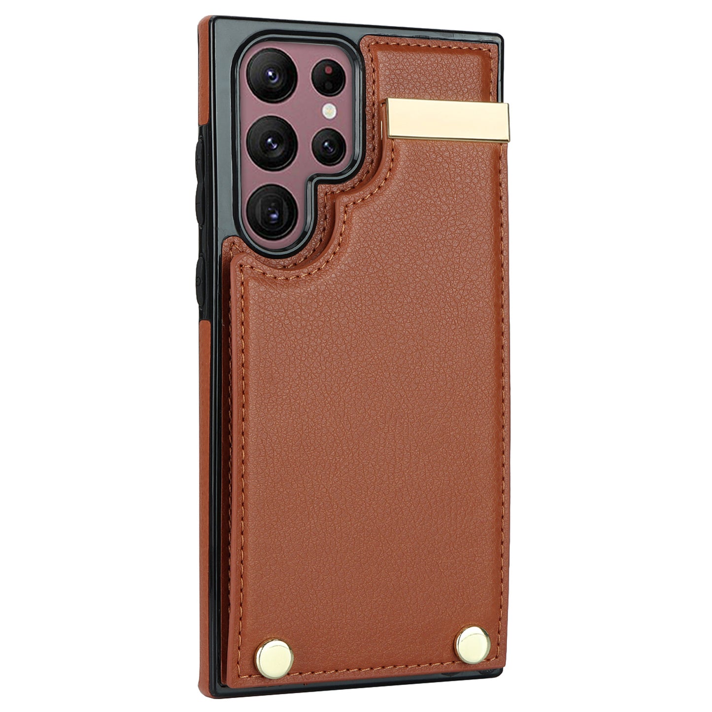 For Samsung Galaxy S24 Ultra Cover Hardware Decor TPU+PU Leather Card Bag Cell Phone Case - Brown