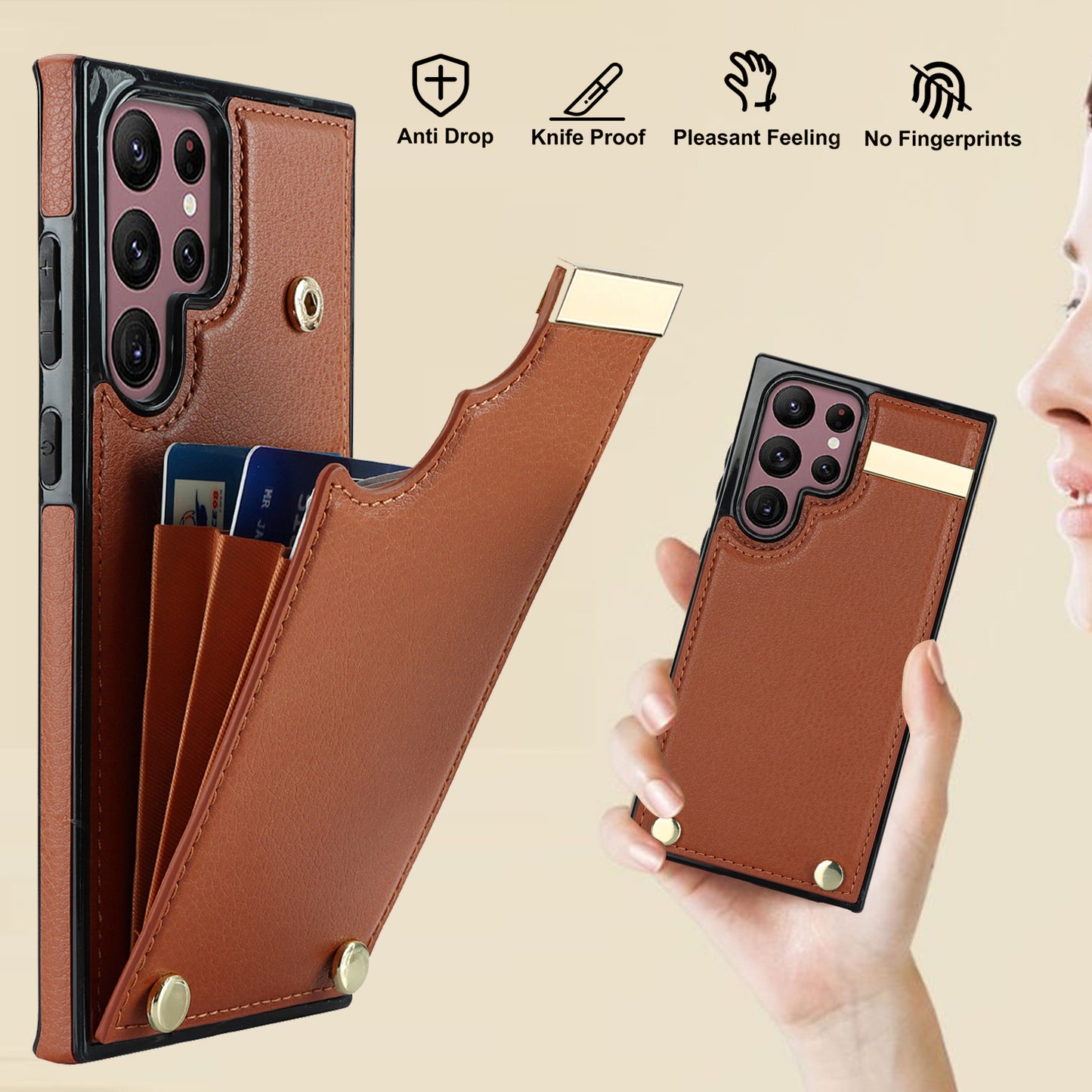 For Samsung Galaxy S24 Ultra Cover Hardware Decor TPU+PU Leather Card Bag Cell Phone Case - Brown