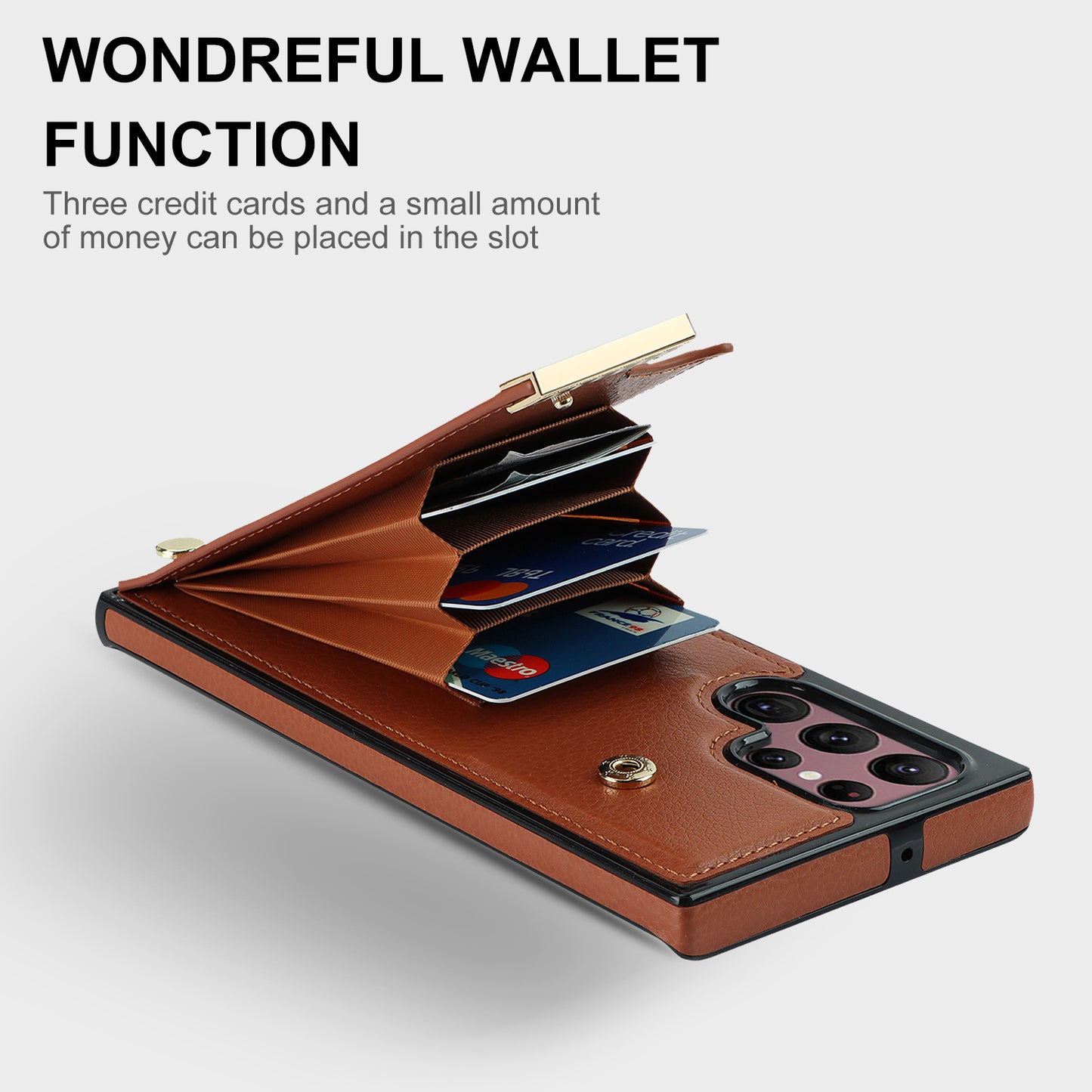 For Samsung Galaxy S24 Ultra Cover Hardware Decor TPU+PU Leather Card Bag Cell Phone Case - Brown