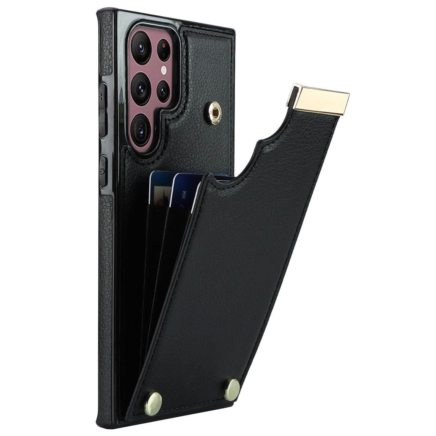 For Samsung Galaxy S24 Ultra Cover Hardware Decor TPU+PU Leather Card Bag Cell Phone Case - Black