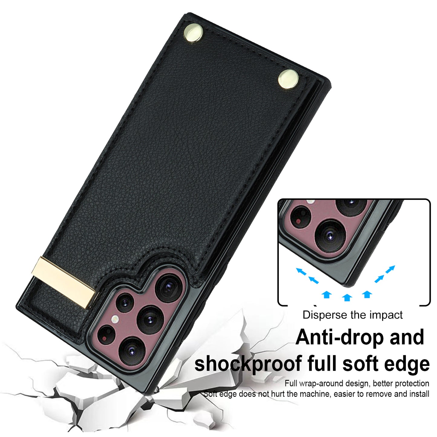 For Samsung Galaxy S24 Ultra Cover Hardware Decor TPU+PU Leather Card Bag Cell Phone Case - Black