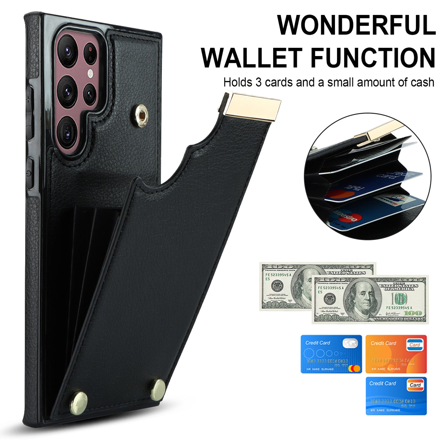 For Samsung Galaxy S24 Ultra Cover Hardware Decor TPU+PU Leather Card Bag Cell Phone Case - Black