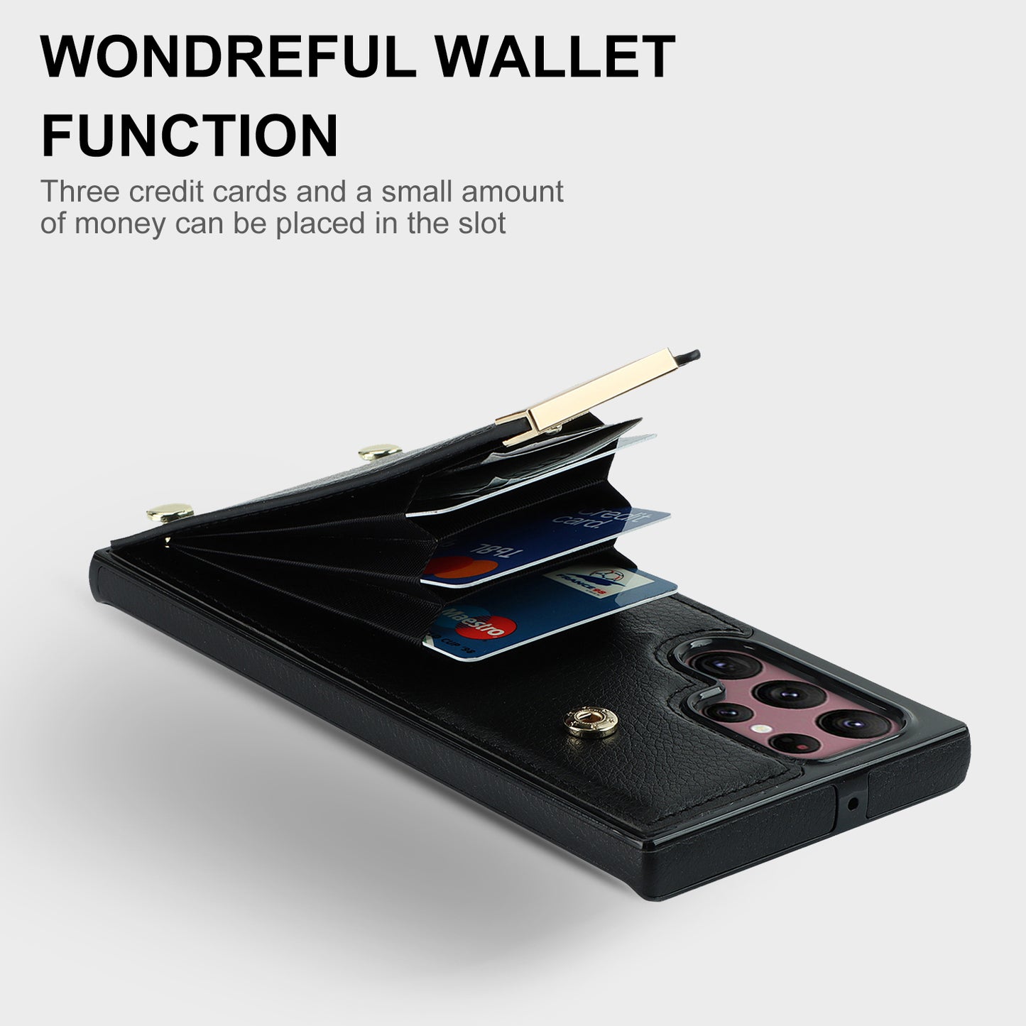 For Samsung Galaxy S24 Ultra Cover Hardware Decor TPU+PU Leather Card Bag Cell Phone Case - Black