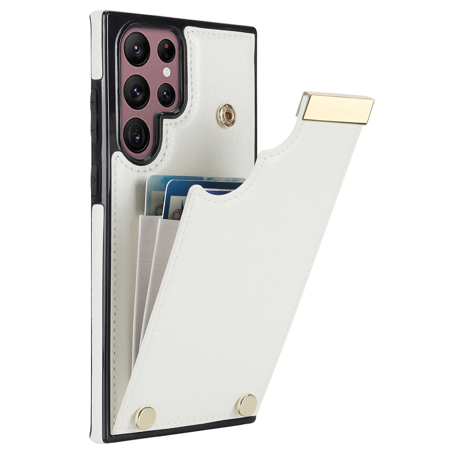 For Samsung Galaxy S24 Ultra Cover Hardware Decor TPU+PU Leather Card Bag Cell Phone Case - White