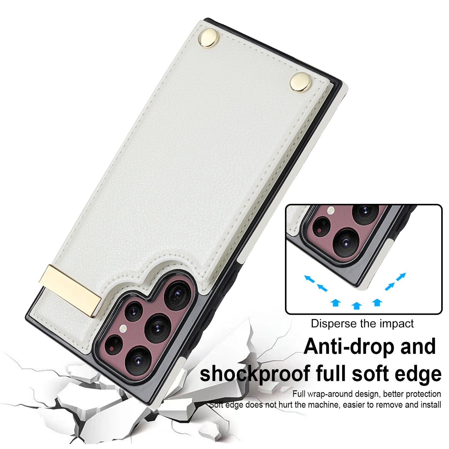 For Samsung Galaxy S24 Ultra Cover Hardware Decor TPU+PU Leather Card Bag Cell Phone Case - White