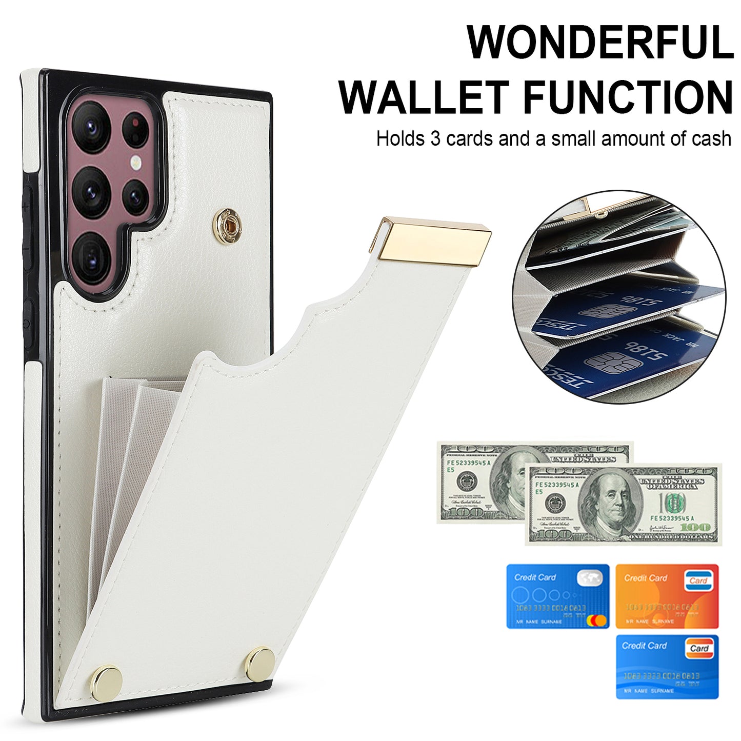 For Samsung Galaxy S24 Ultra Cover Hardware Decor TPU+PU Leather Card Bag Cell Phone Case - White