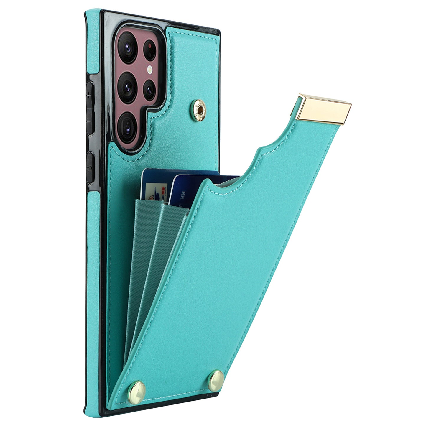 For Samsung Galaxy S24 Ultra Cover Hardware Decor TPU+PU Leather Card Bag Cell Phone Case - Mint Green