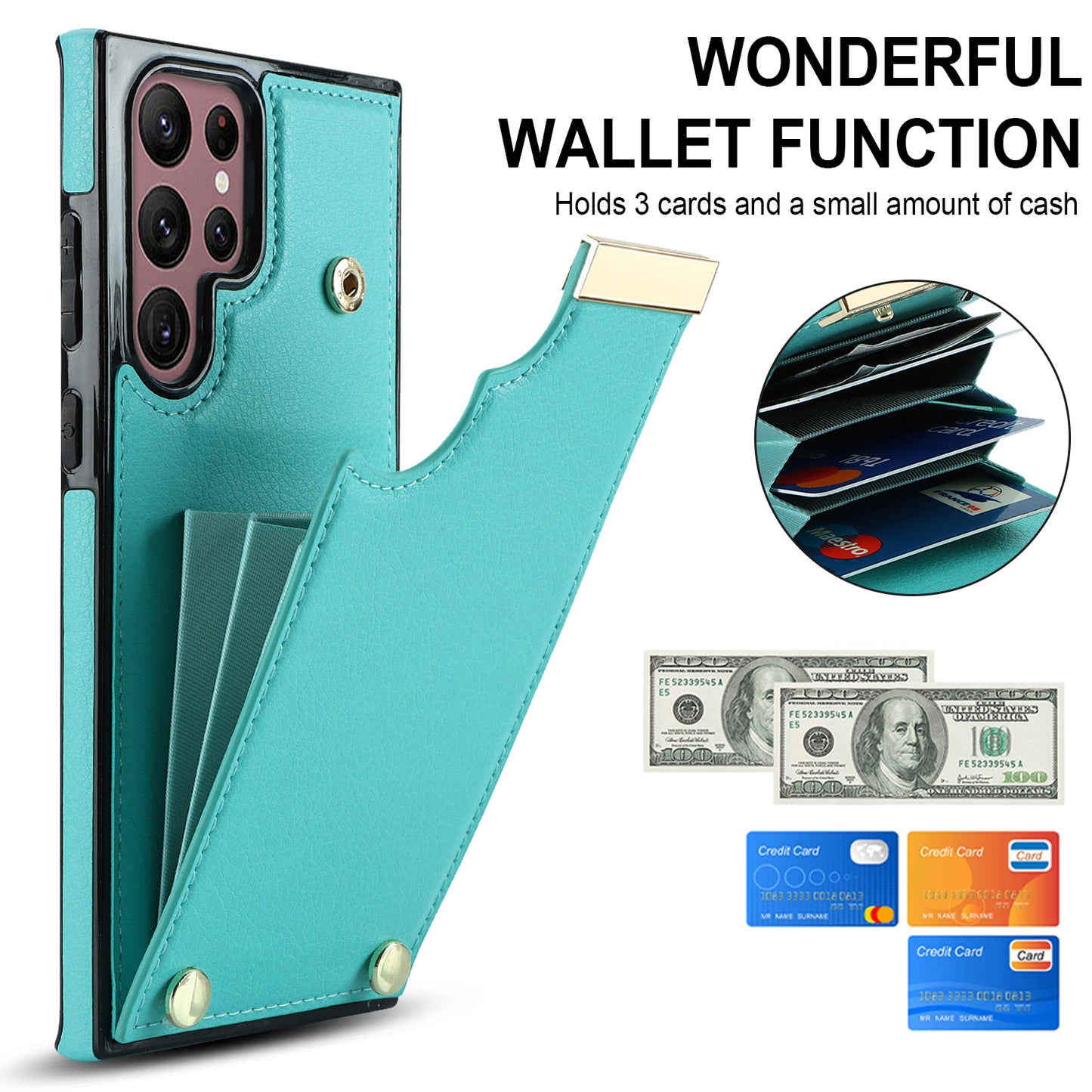 For Samsung Galaxy S24 Ultra Cover Hardware Decor TPU+PU Leather Card Bag Cell Phone Case - Mint Green