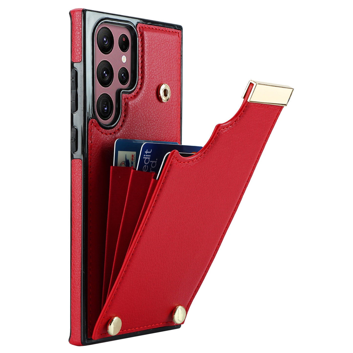 For Samsung Galaxy S24 Ultra Cover Hardware Decor TPU+PU Leather Card Bag Cell Phone Case - Red