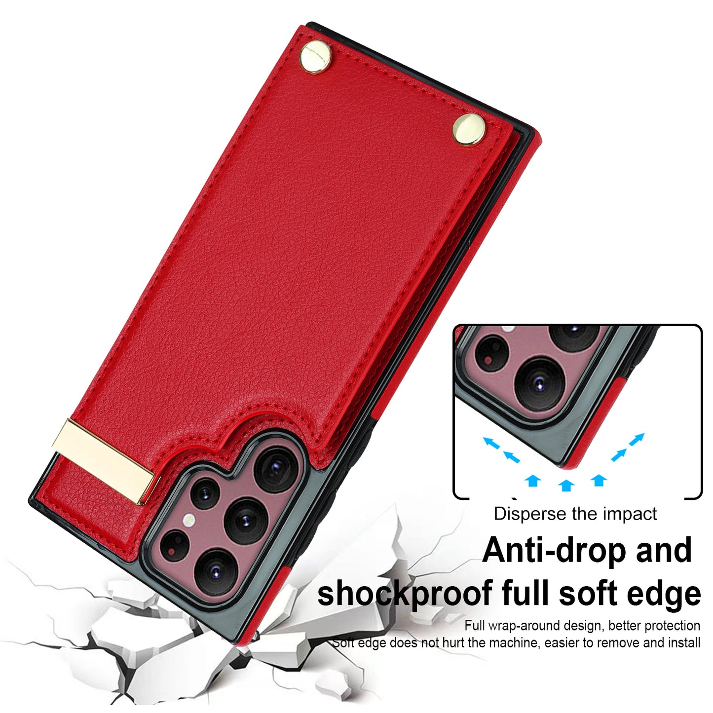 For Samsung Galaxy S24 Ultra Cover Hardware Decor TPU+PU Leather Card Bag Cell Phone Case - Red