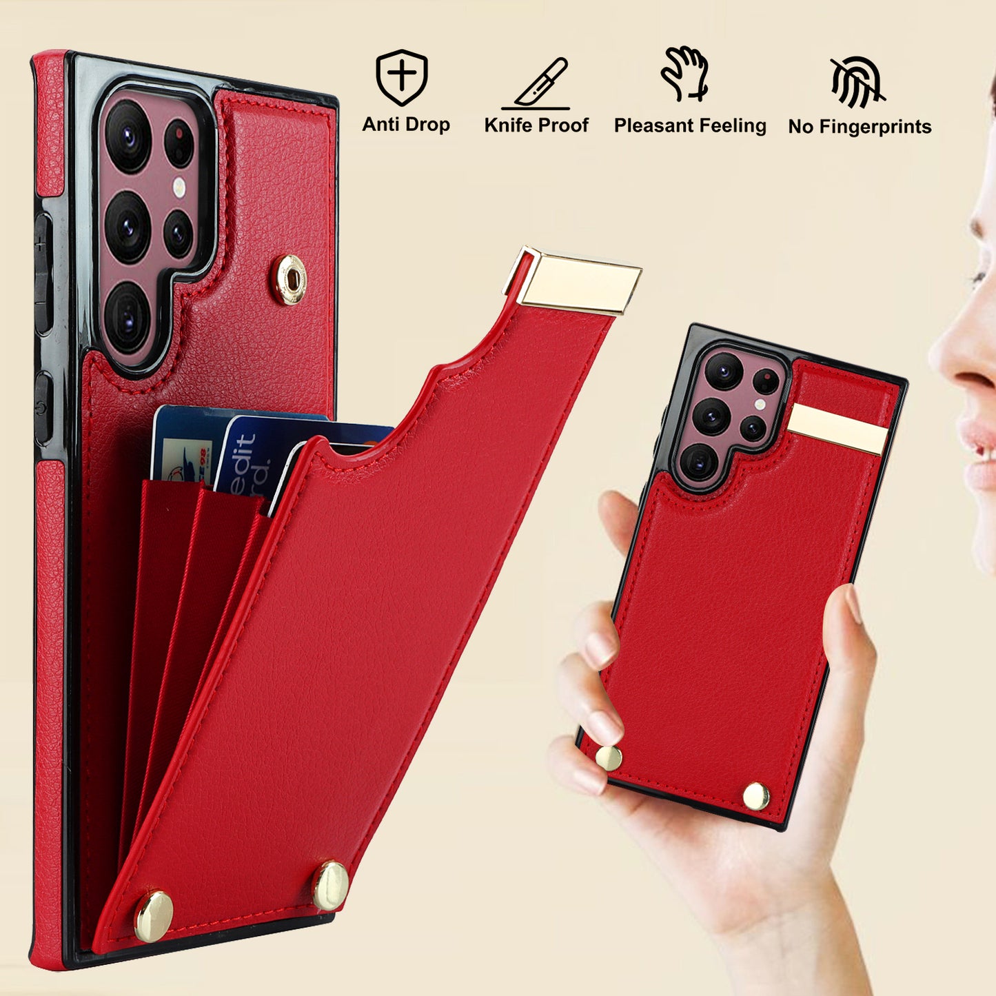 For Samsung Galaxy S24 Ultra Cover Hardware Decor TPU+PU Leather Card Bag Cell Phone Case - Red