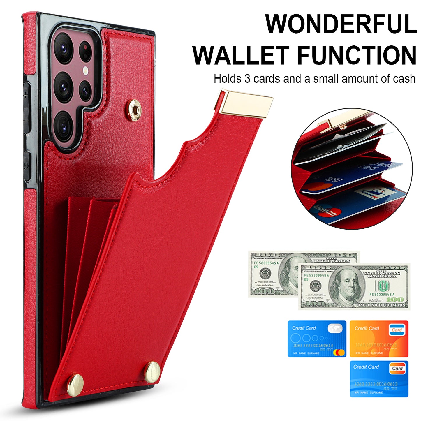 For Samsung Galaxy S24 Ultra Cover Hardware Decor TPU+PU Leather Card Bag Cell Phone Case - Red