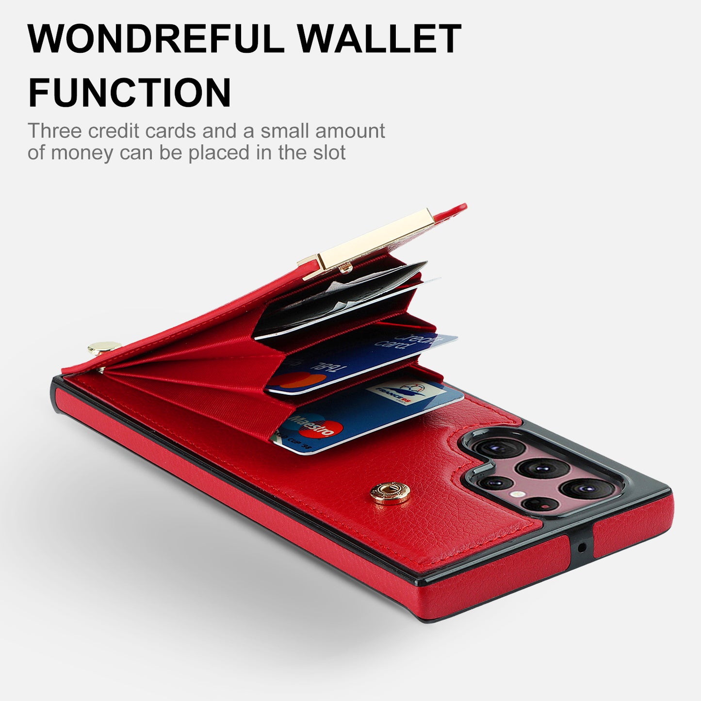 For Samsung Galaxy S24 Ultra Cover Hardware Decor TPU+PU Leather Card Bag Cell Phone Case - Red