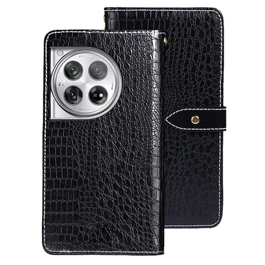 IDEWEI For OnePlus 12 5G Leather Phone Case Crocodile Texture Stand Wallet - Black
