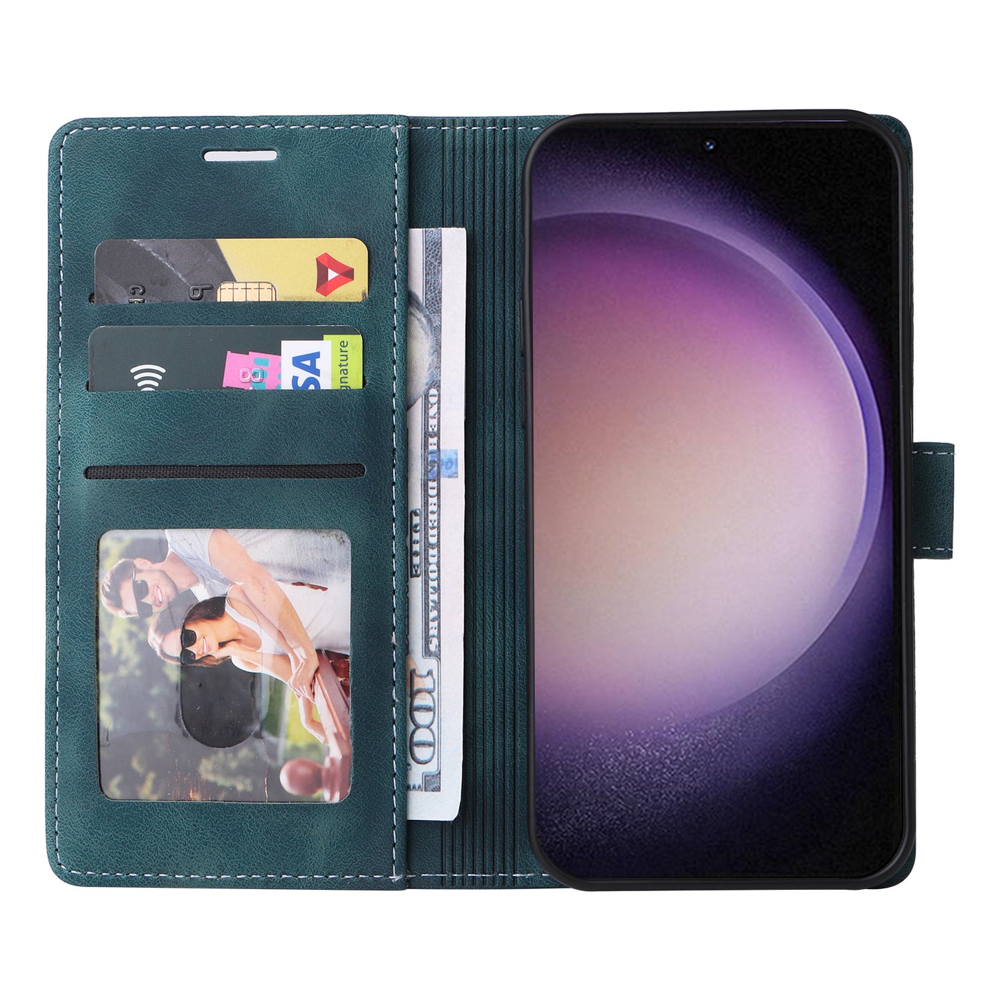 007 Series For Samsung Galaxy S24 Case Anti-Scratch PU Leather Flip Stand Phone Cover - Green