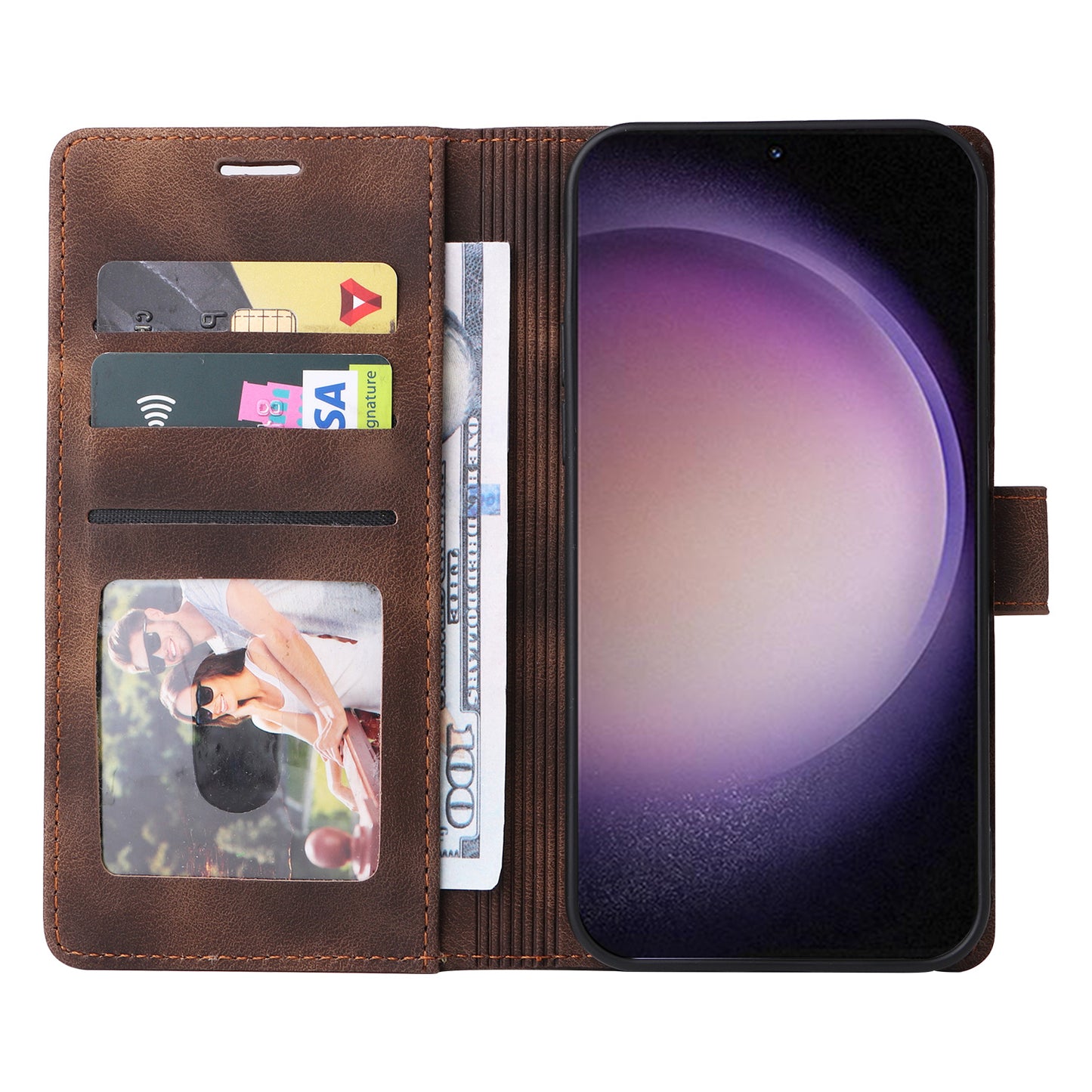 007 Series For Samsung Galaxy S24 Case Anti-Scratch PU Leather Flip Stand Phone Cover - Brown