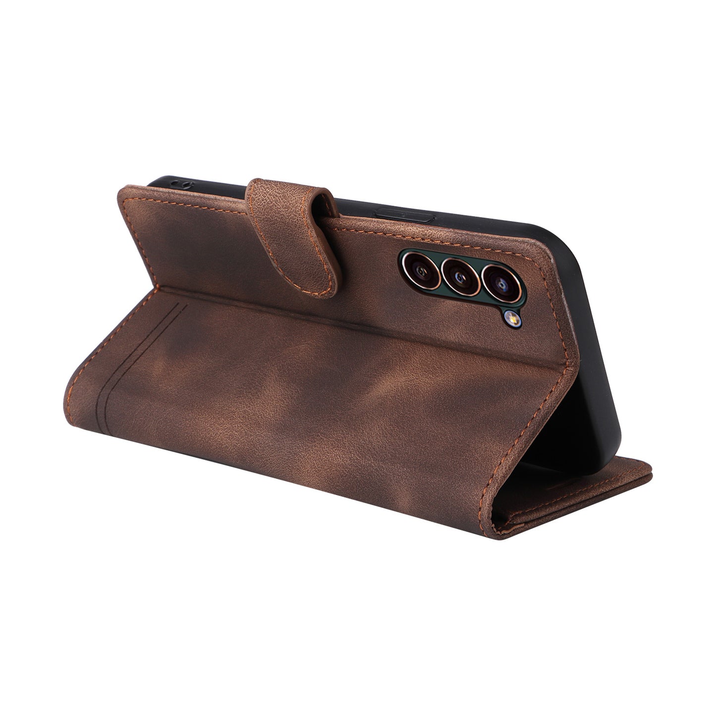 007 Series For Samsung Galaxy S24 Case Anti-Scratch PU Leather Flip Stand Phone Cover - Brown