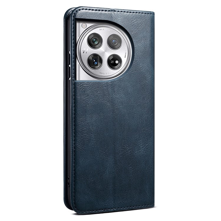 For OnePlus 12 5G Case Stand with Card Holder Waxy Crazy Horse Texture Leather Cover - Blue