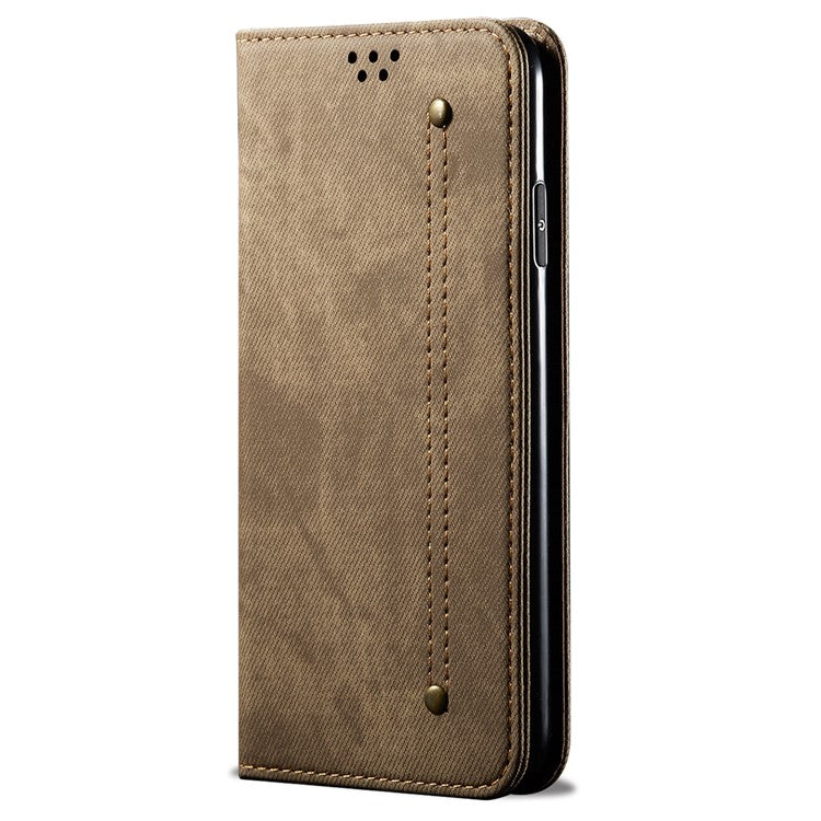 For OnePlus 12 5G Case with Stand Jeans Cloth Texture Wallet Leather Cover - Khaki