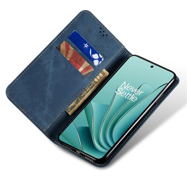 For OnePlus 12 5G Case with Stand Jeans Cloth Texture Wallet Leather Cover - Blue