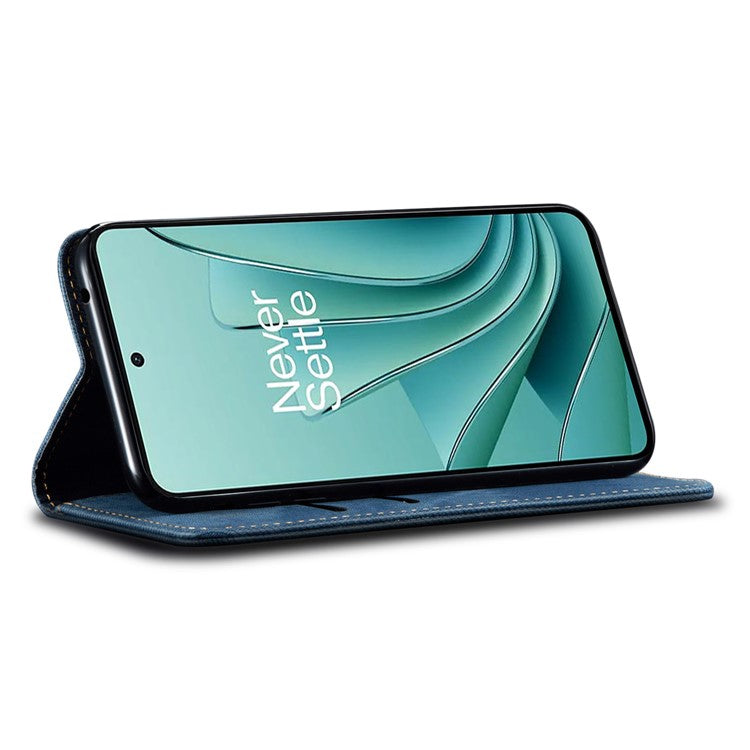 For OnePlus 12 5G Case with Stand Jeans Cloth Texture Wallet Leather Cover - Blue