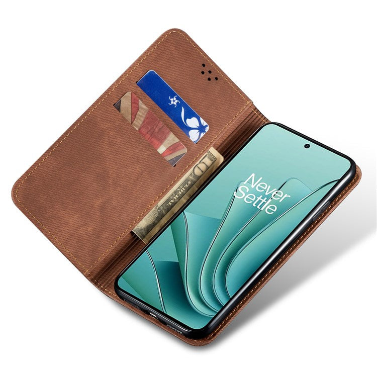 For OnePlus 12 5G Case with Stand Jeans Cloth Texture Wallet Leather Cover - Coffee