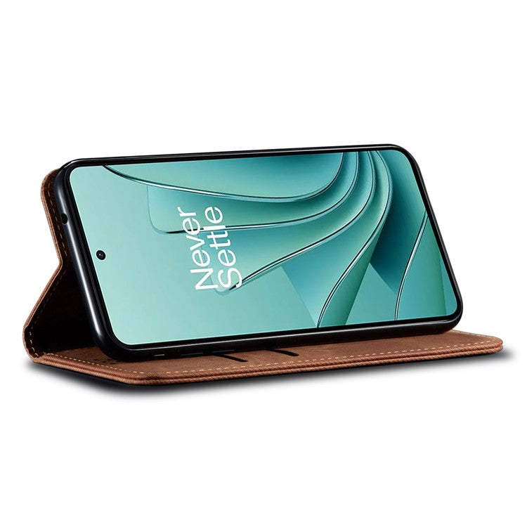 For OnePlus 12 5G Case with Stand Jeans Cloth Texture Wallet Leather Cover - Coffee