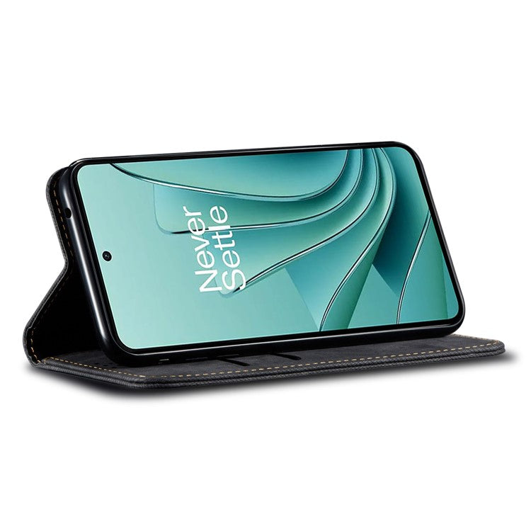 For OnePlus 12 5G Case with Stand Jeans Cloth Texture Wallet Leather Cover - Black