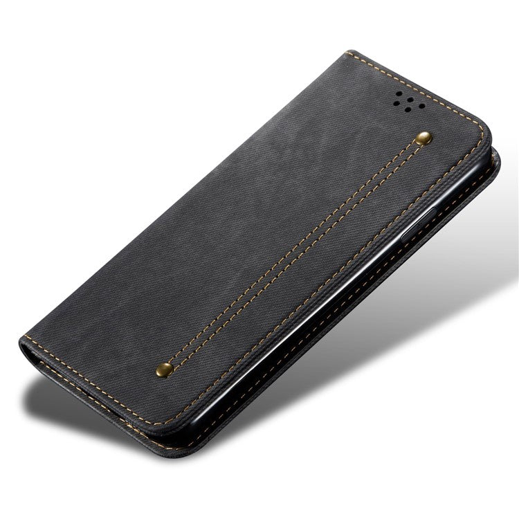 For OnePlus 12 5G Case with Stand Jeans Cloth Texture Wallet Leather Cover - Black