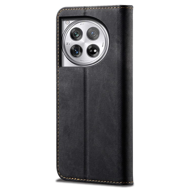 For OnePlus 12 5G Case with Stand Jeans Cloth Texture Wallet Leather Cover - Black