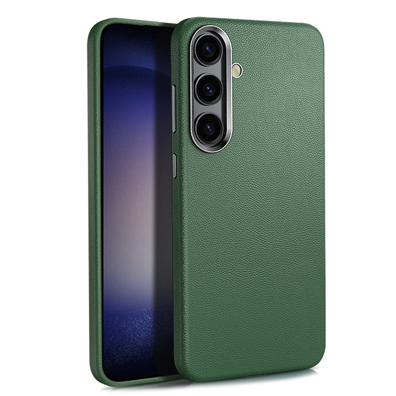 For Samsung Galaxy S24+ Phone Case Leather+Silicone Electroplating Cover - Army Green