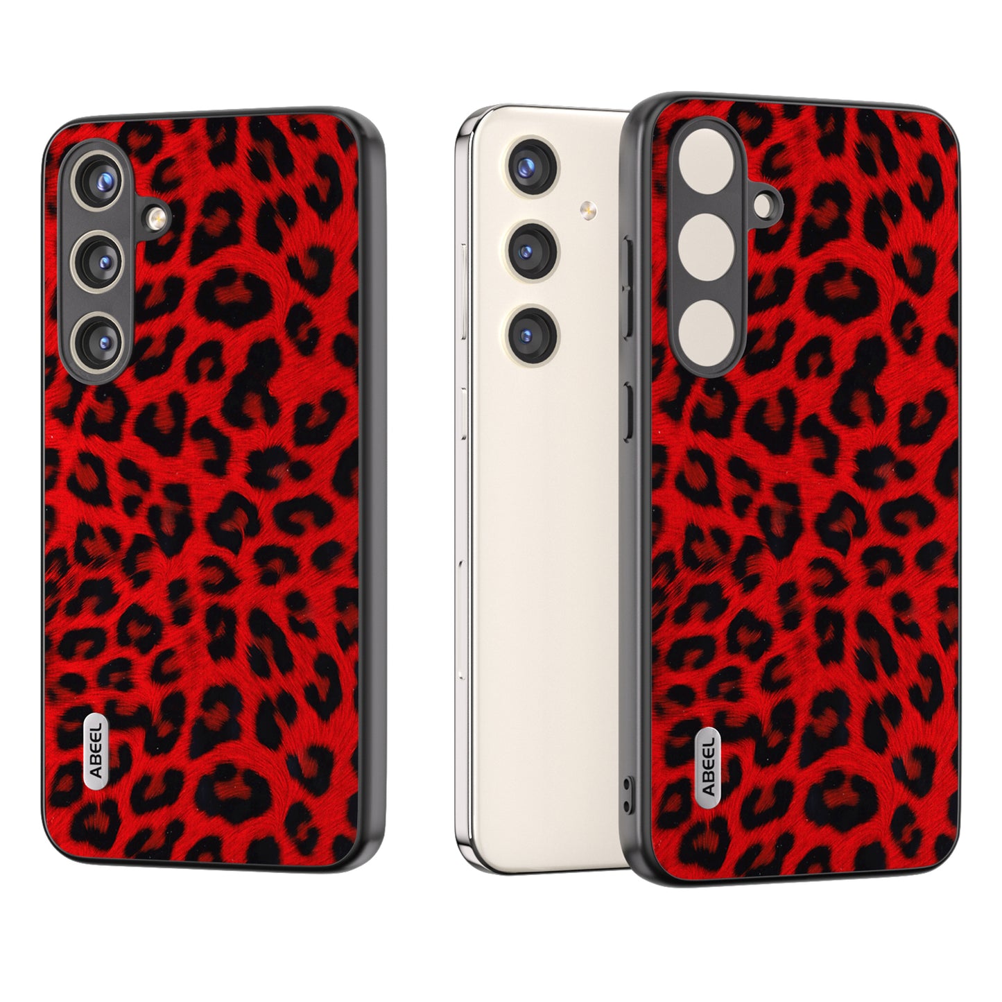ABEEL For Samsung Galaxy S24 Case Leather Coated PC+TPU Leopard Pattern Phone Cover - Red