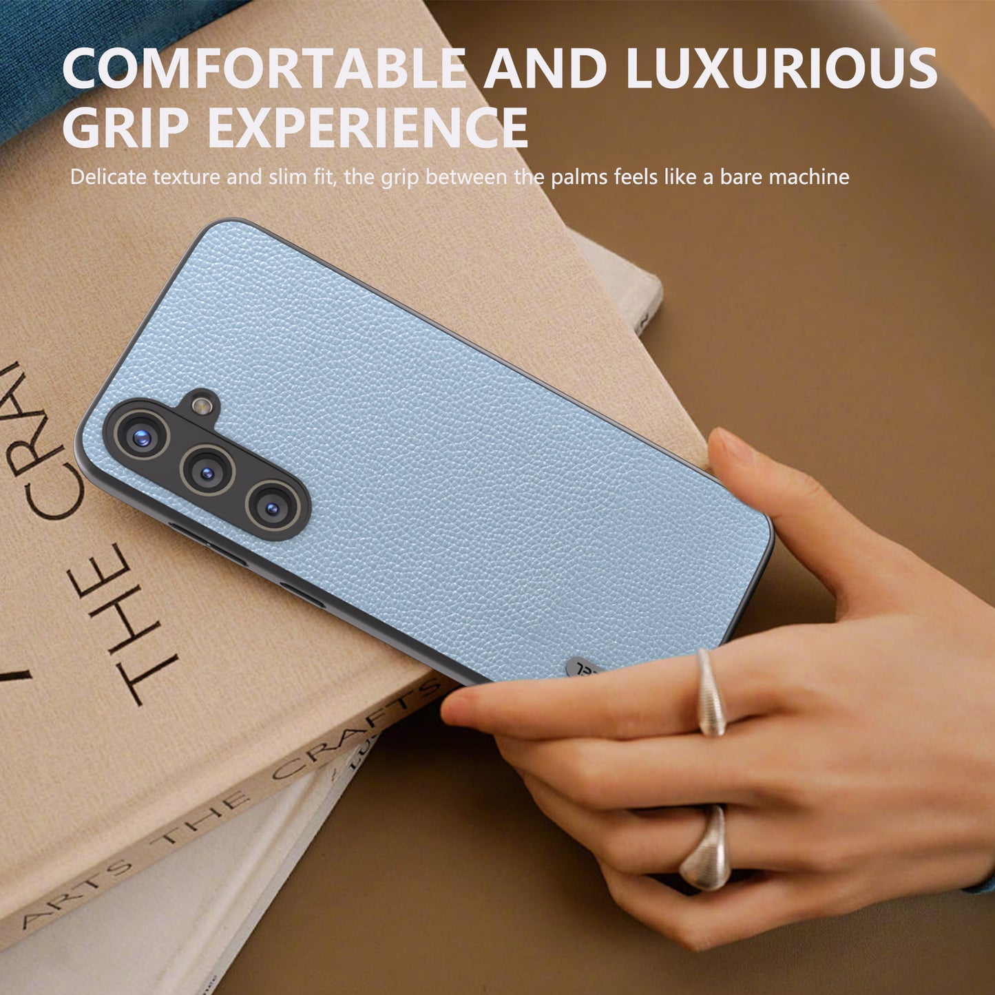 ABEEL For Samsung Galaxy S24 Case Genuine Cow Leather Litchi Texture Cover - Baby Blue