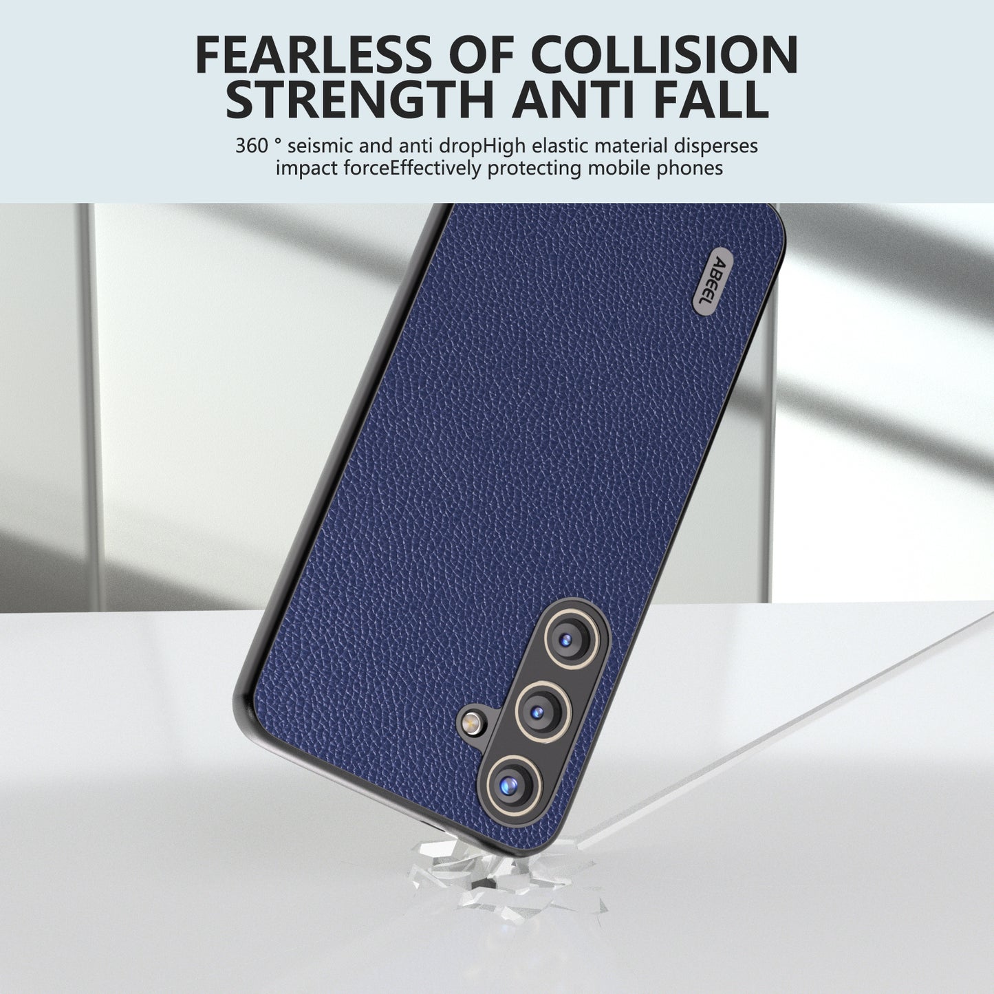 ABEEL For Samsung Galaxy S24 Case Genuine Cow Leather Litchi Texture Cover - Blue