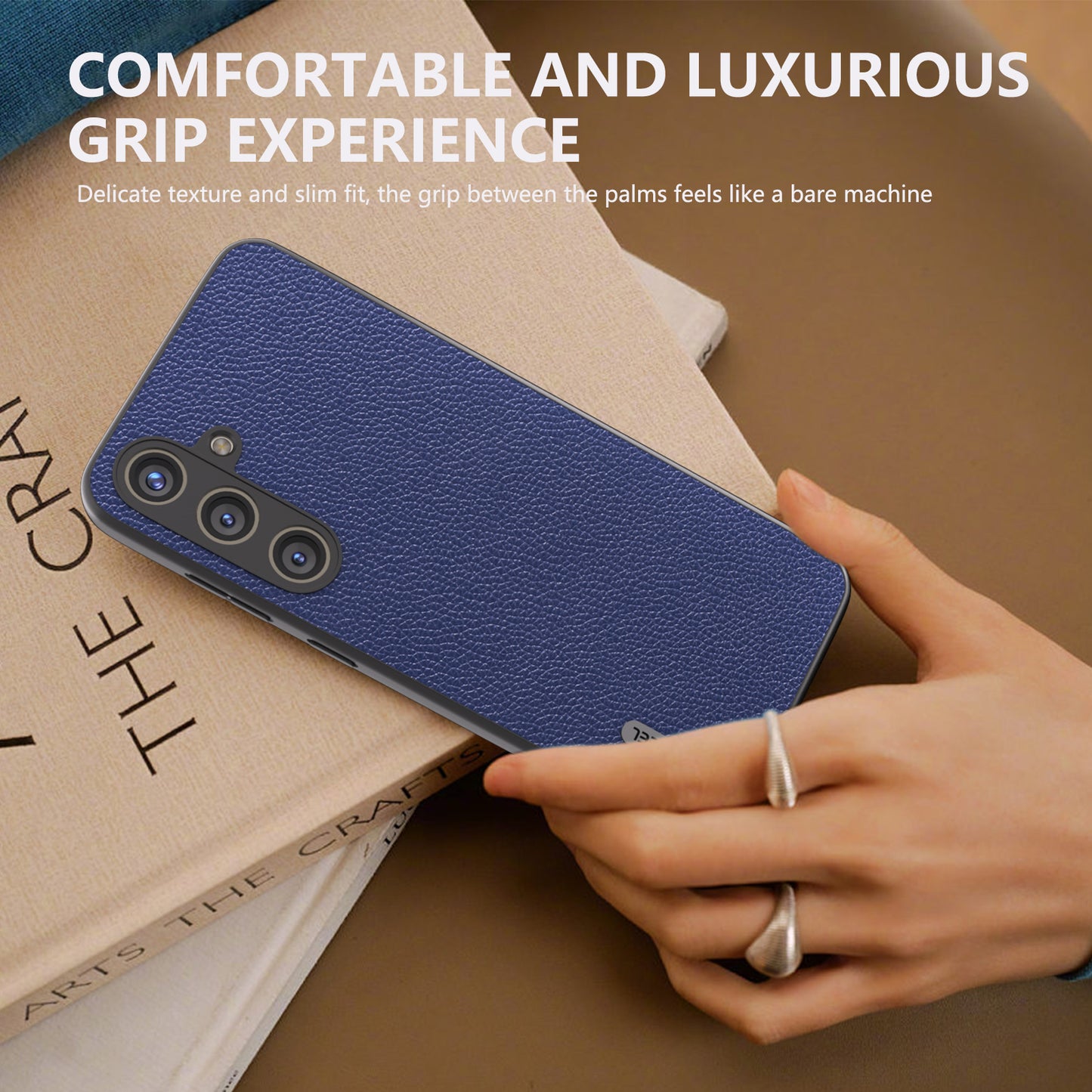 ABEEL For Samsung Galaxy S24 Case Genuine Cow Leather Litchi Texture Cover - Blue